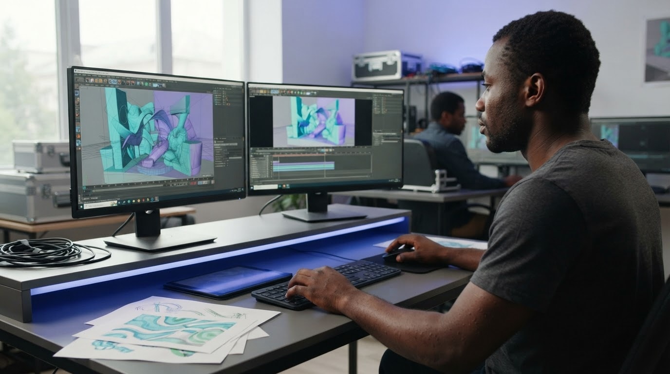 Animator working on 3D stage visuals across two monitors