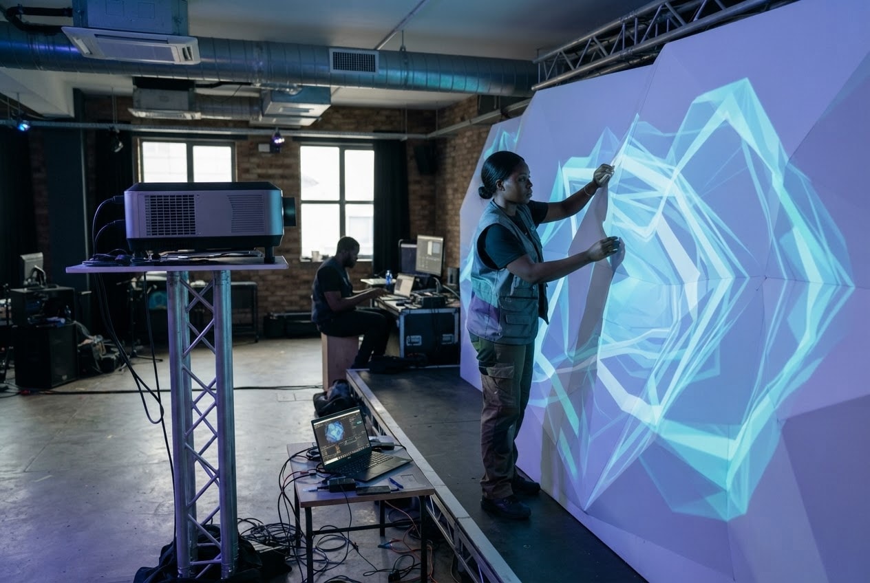 Designer aligning a projected geometric image on a large studio surface