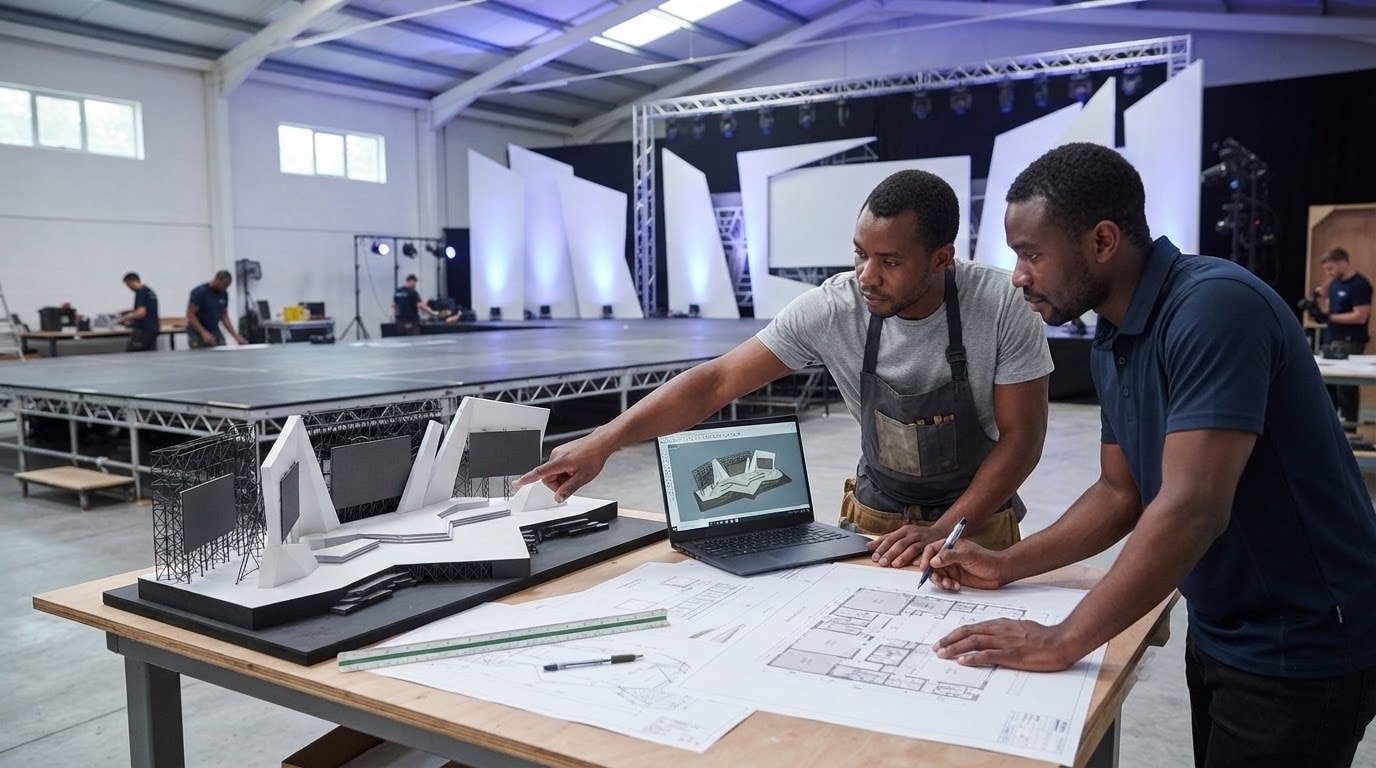 Two designers reviewing a scale stage model and drawings