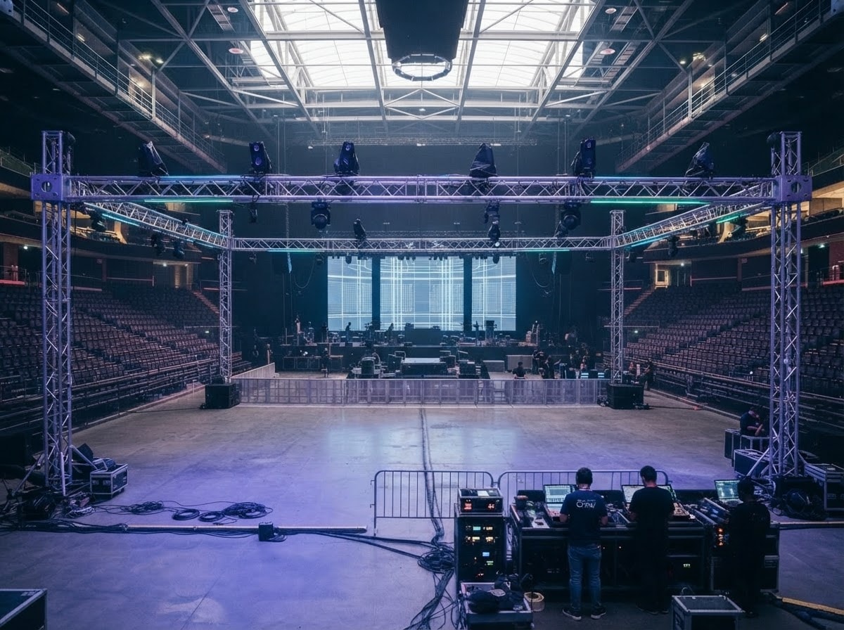 Empty arena with seating around a lit stage under a long roof truss
