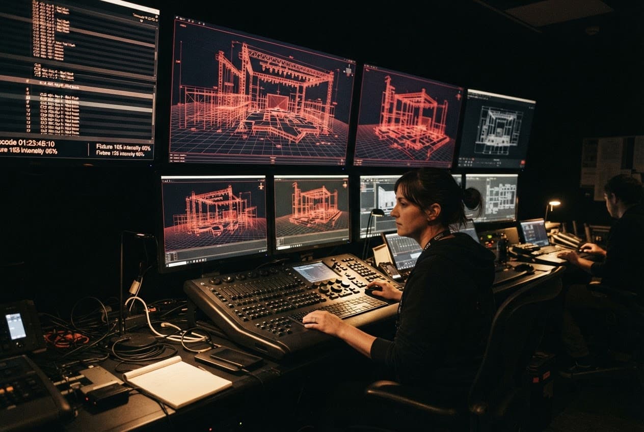 Operator reviewing a wireframe stage on a bank of monitors